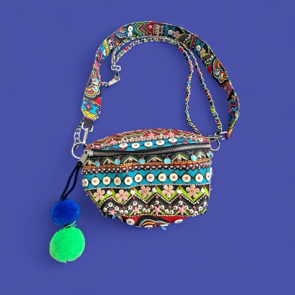 Steve Madden Cancun Belt Bag Colorful Beads Crossbody Fanny Pack Textile W/Puffs - Picture 5 of 16